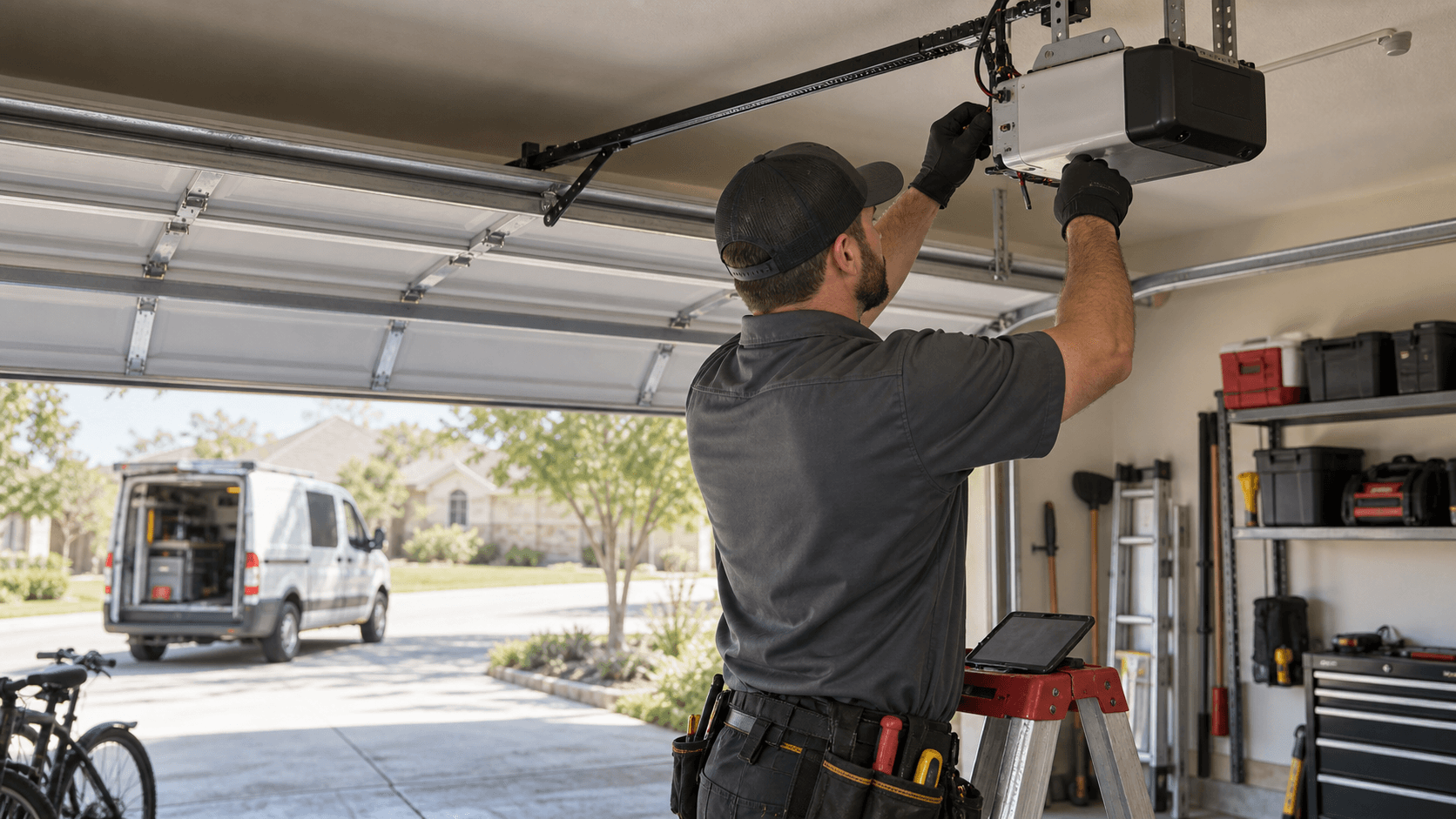 Garage-door technician servicing an opener and track
