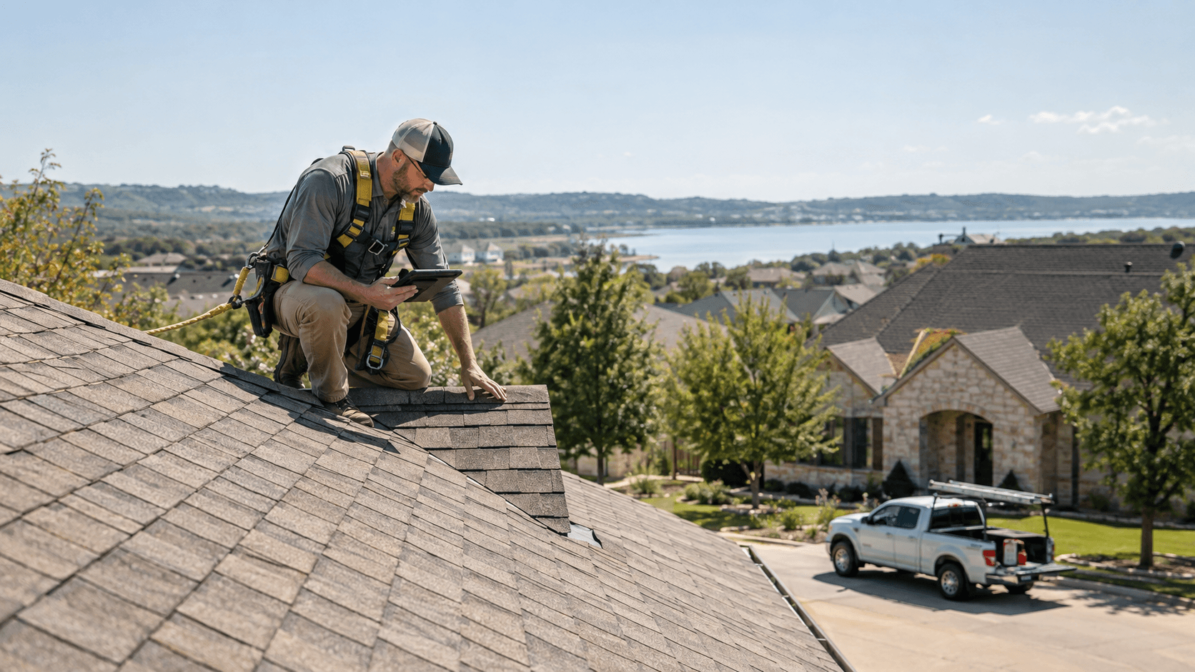 Residential roofing contractor inspecting a shingle roof